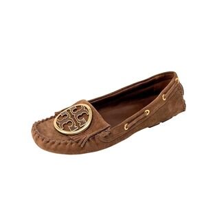 Tory Burch Alexandra Brown Suede Moccasin Loafer Gold Medallion Size 9M